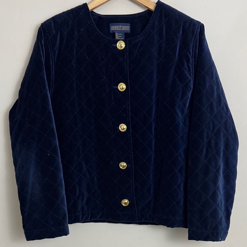 Vintage Herman Geist Blue Quilted Velvet Blazer Gold Buttons size L Quiet Luxury